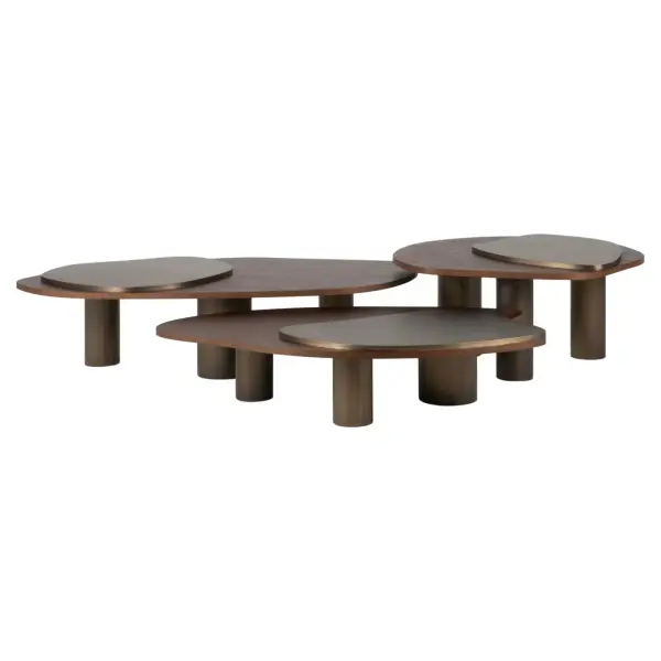 Landscape Nesting Coffee Tables Set of 3, Walnut, Oxidized Brass, Greenapple