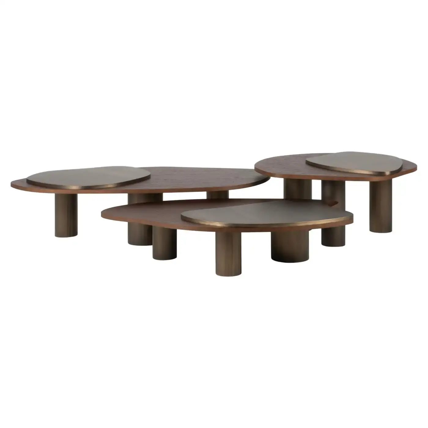Landscape Nesting Coffee Tables Set of 3, Walnut, Oxidized Brass, Greenapple