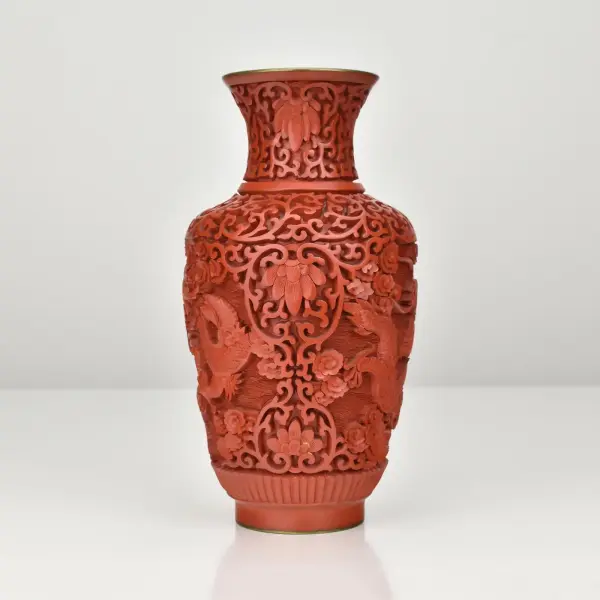 Vintage Chinese Cinnabar Lacquer Vase with Dragon Motifs