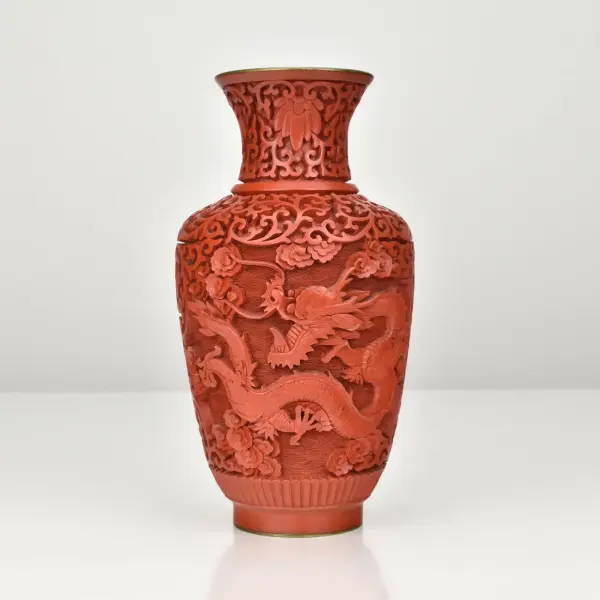 Vintage Chinese Cinnabar Lacquer Vase with Dragon Motifs