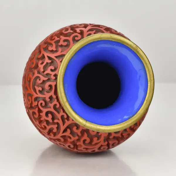 Vintage Chinese Cinnabar Lacquer Vase with Dragon Motifs