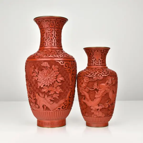 Vintage Chinese Cinnabar Lacquer Vase with Dragon Motifs