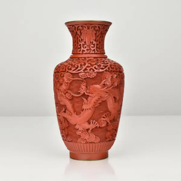 Vintage Chinese Cinnabar Lacquer Vase with Dragon Motifs