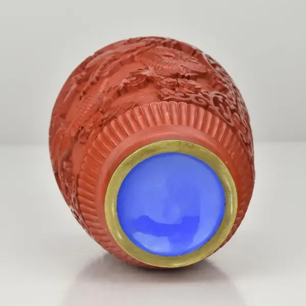 Vintage Chinese Cinnabar Lacquer Vase with Dragon Motifs